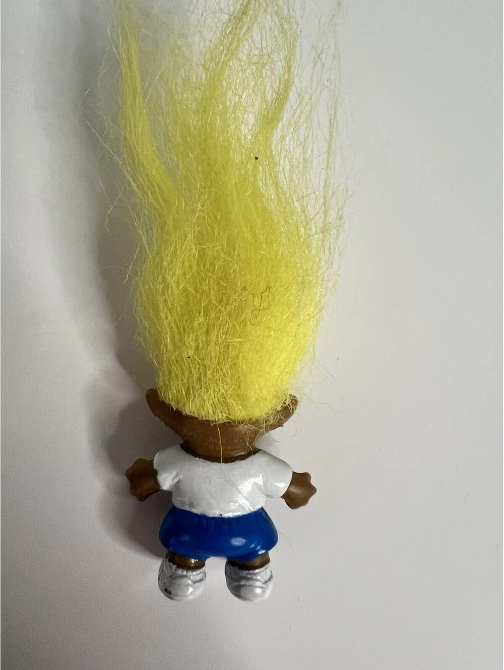 Vtg 1992 Ace Yellow Hair White & Blue Soccer Uniform Mini Troll Doll 1.5